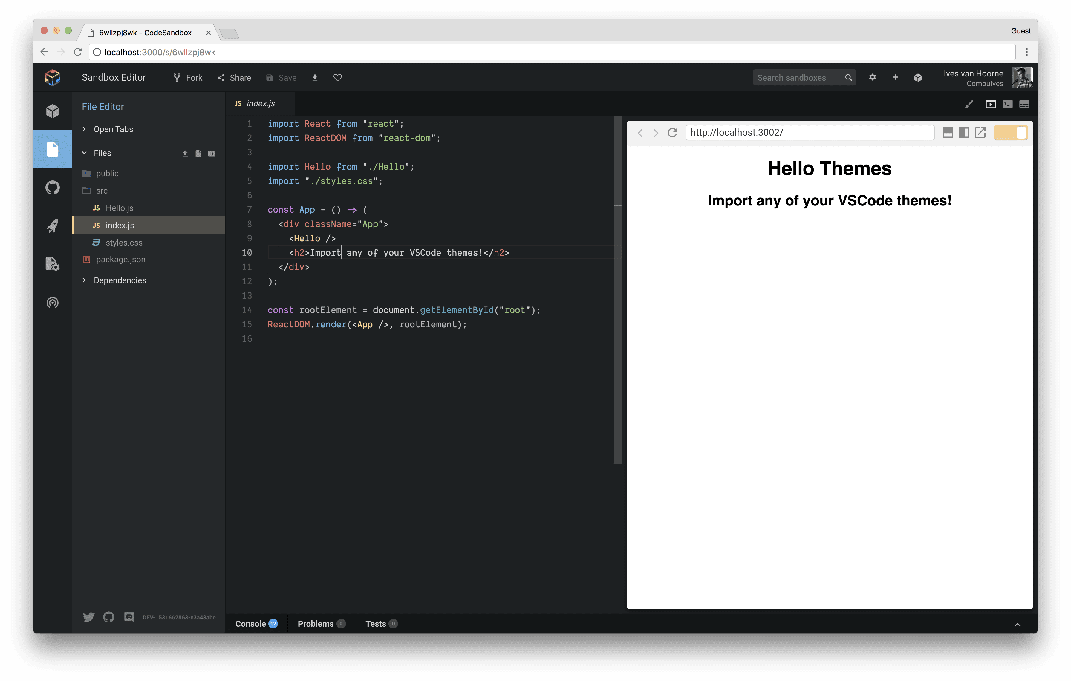 Import hello. Codesandbox. Best vscode Themes. Php Sandbox. Atom one Dark.