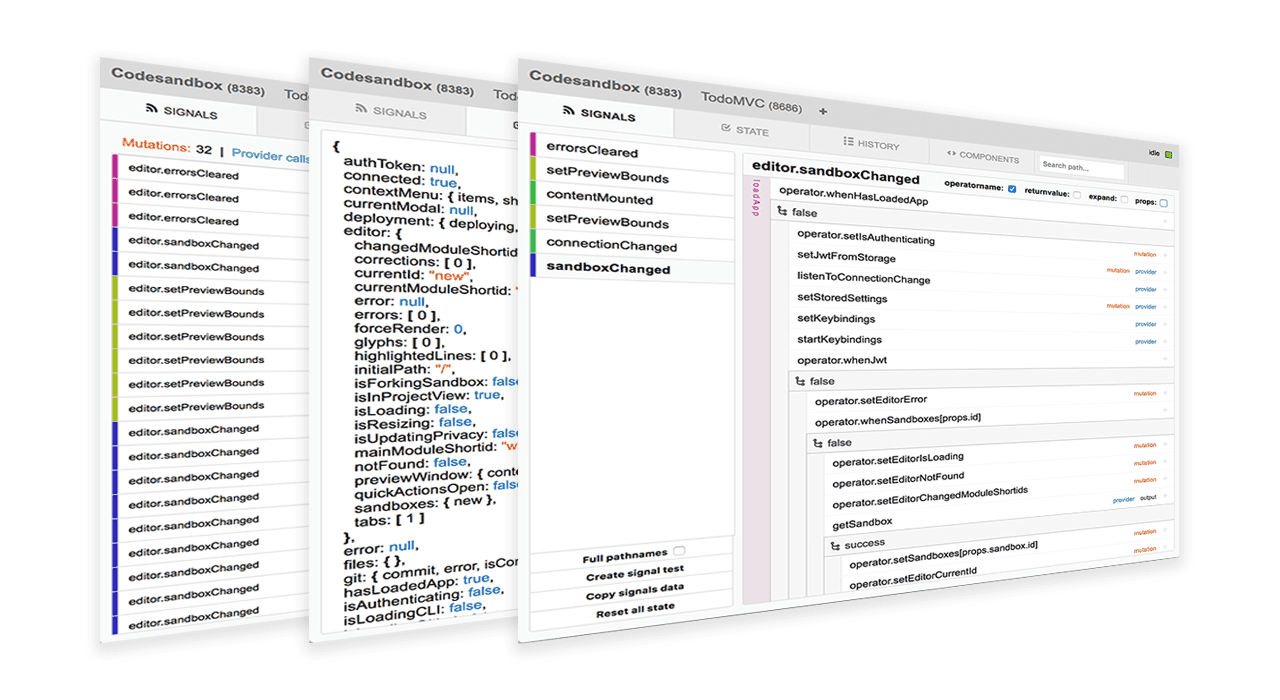 The Cerebral JS devtools give deep insight into the state management of the application.