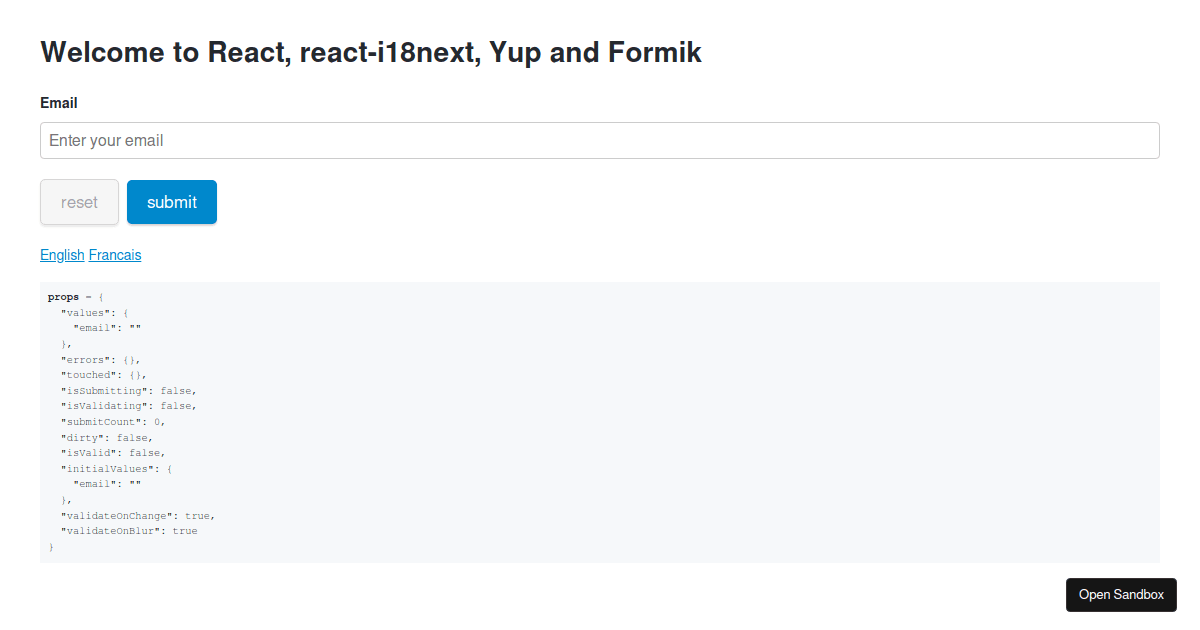 react--18next, Yup and Formik basic example