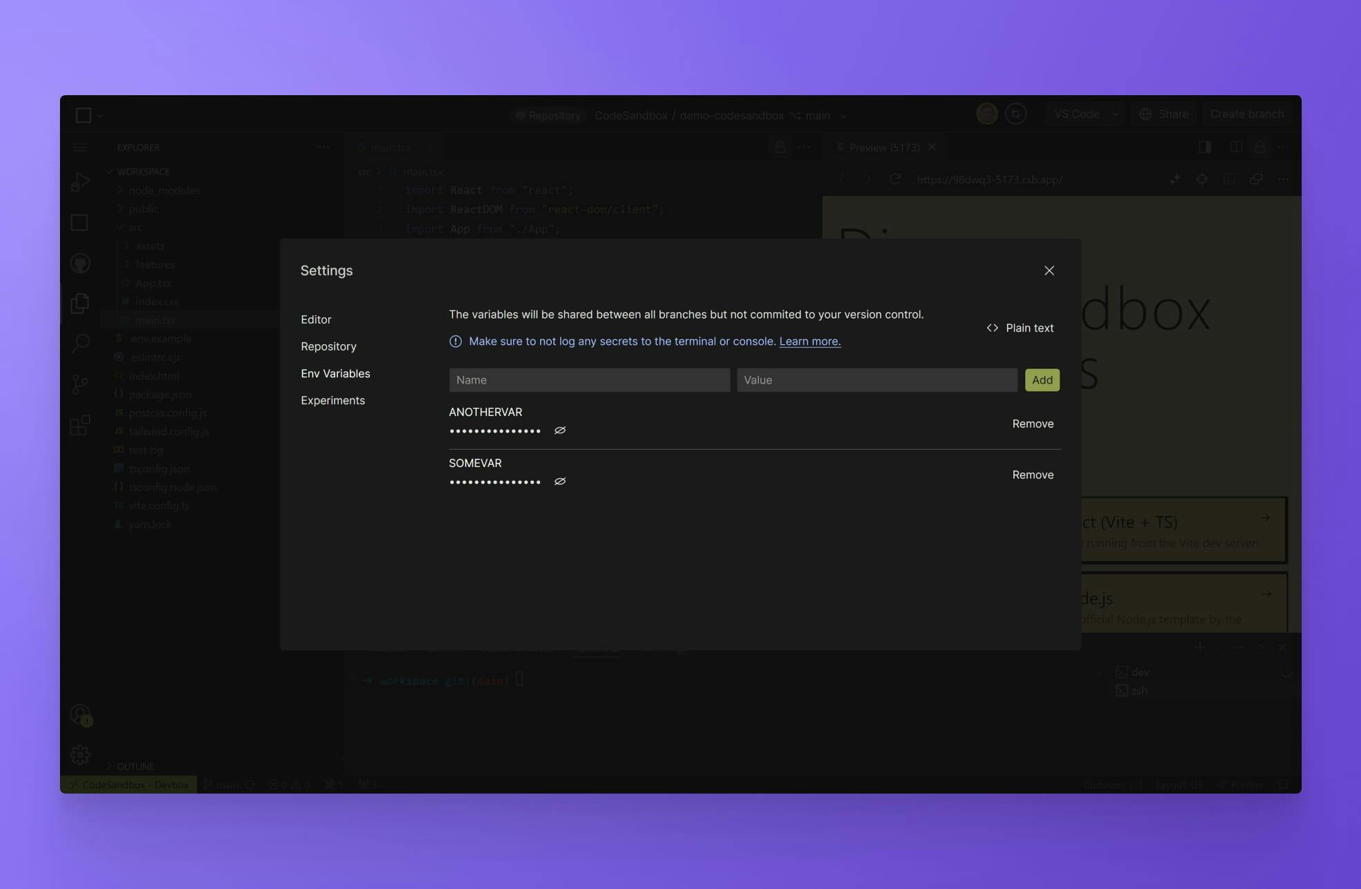 CodeSandbox Environment Variables