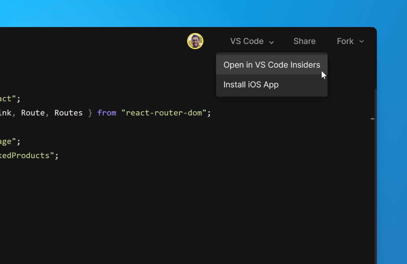 Dropdown to select the Open in VS Code Insiders option