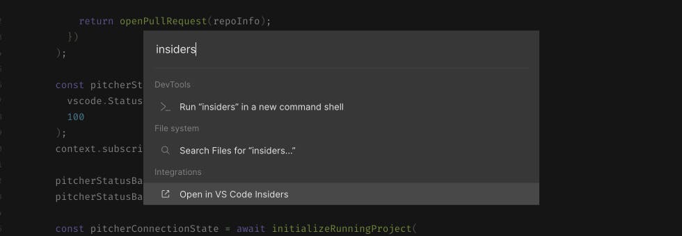 Choosing Open in VS Code Insiders from the command palette